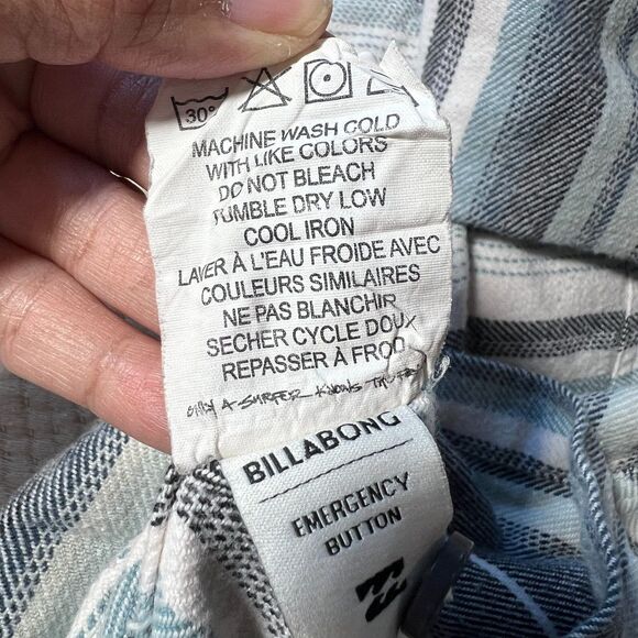 Billabong Hooded Flannel Shirt Mens Medium Blue Long Sleeve Button Striped Baja - Picture 8 of 9